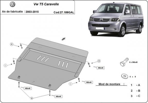 Unterfahrschutz aus verzinktem Stahl für Motor der Marke Volkswagen Transporter T5 Caravelle
