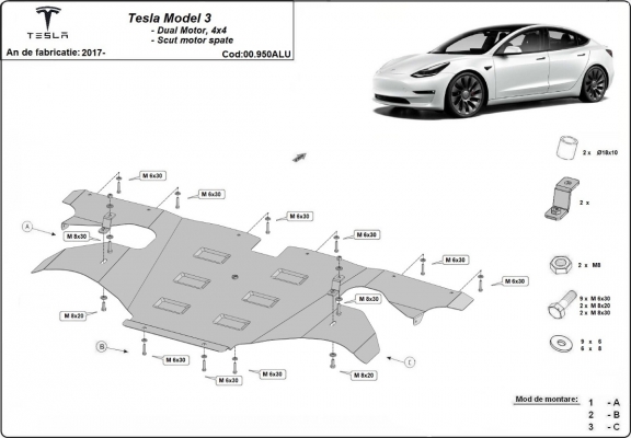 Hinterer Aluminium-Motorschutz für Elektromotor – Tesla Model 3 AWD